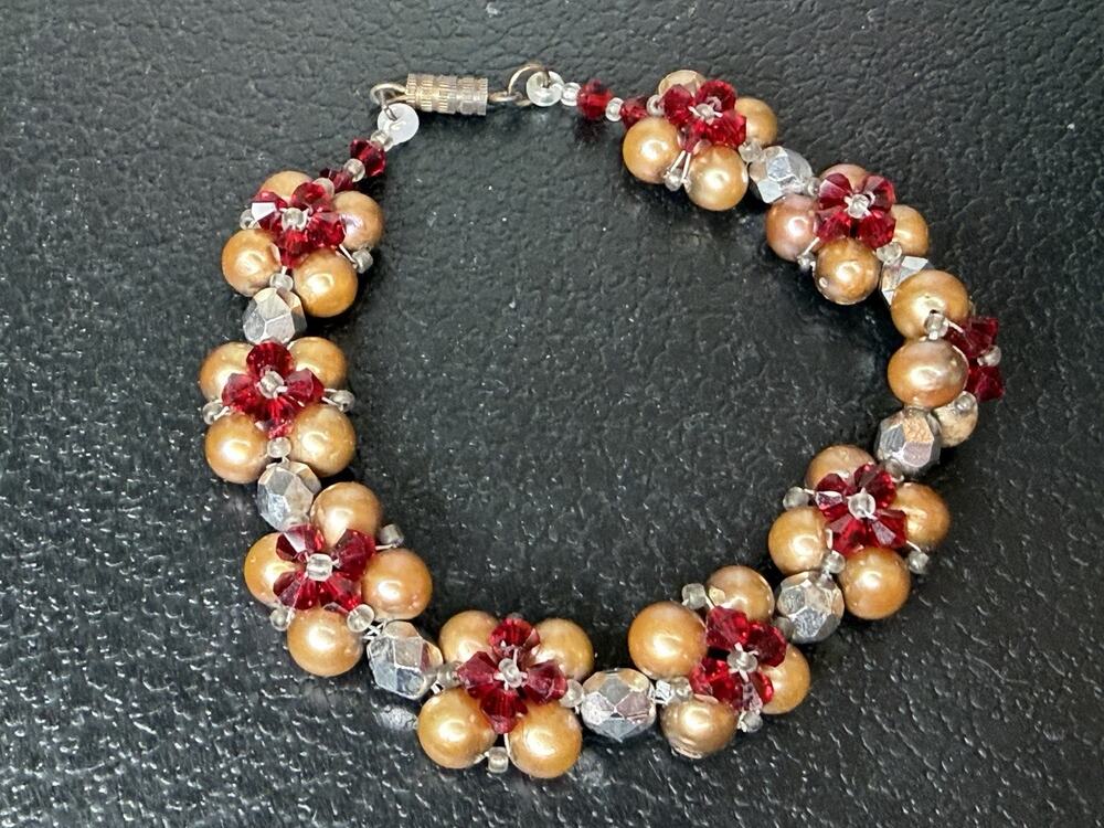 Vintage Champagne Flower Bracelet Rhinestones Floral Estate Barrel Clasp